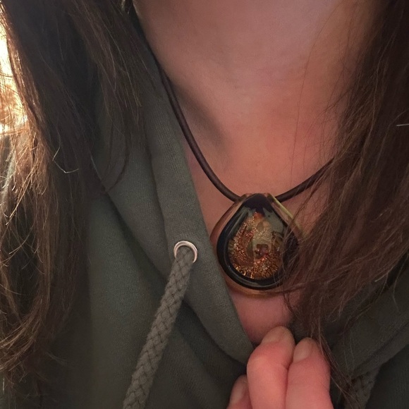 Artisan Glass Teardrop Necklace with Gold and Brown Accents - Picture 5 of 6
